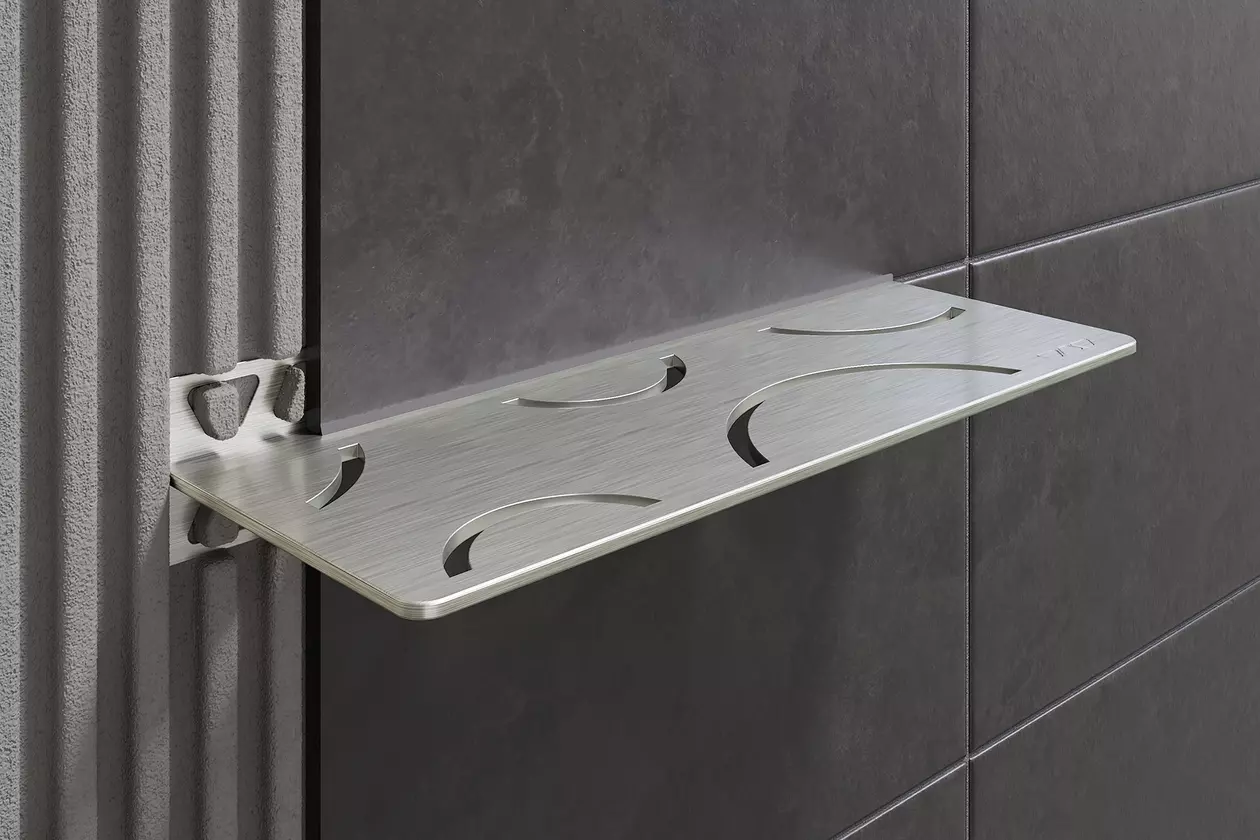 Schl&uuml;ter-SHELF-W-S1 est une tablette rectangulaire qui s’int&egrave;gre dans l’agencement des carreaux au cours de la pose