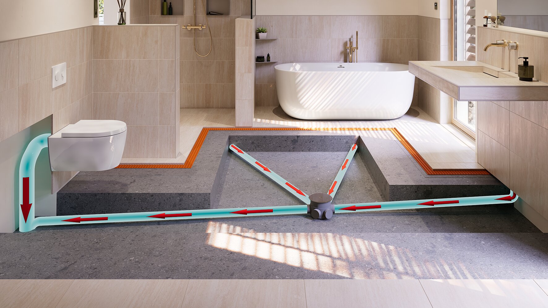 Modelo em corte CGI de uma casa de banho com azulejos, equipada com o sistema de escoamento KERDI-LINE-VARIO-H 40 WOT para duches lineares ao n&iacute;vel do ch&atilde;o sem sif&atilde;o