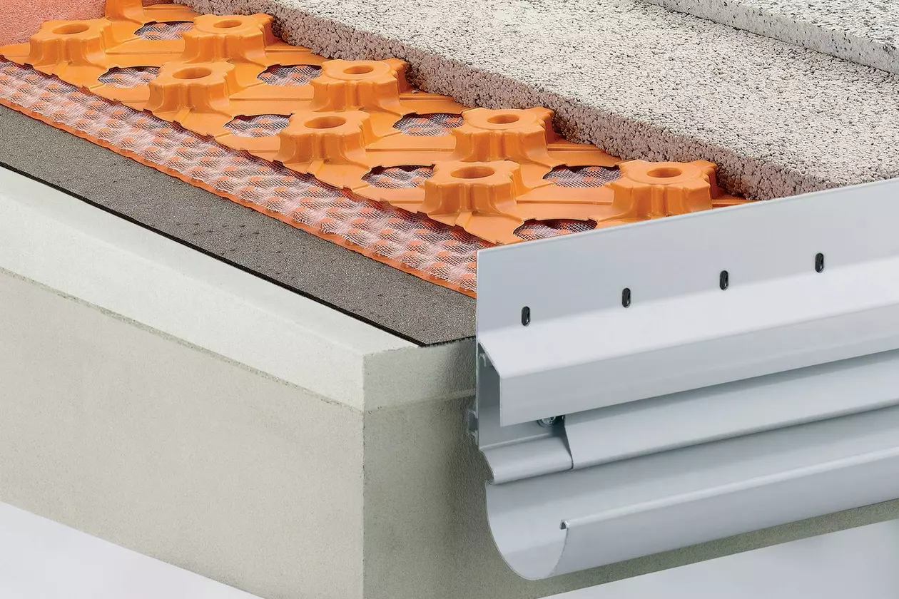 Schl&uuml;ter-Systems balcony assembly A.4 Thin covering assembly with mortar bed installation, BEKOTEC-DRAIN and mortar bed installation on area drainage with TROBA-PLUS 8G