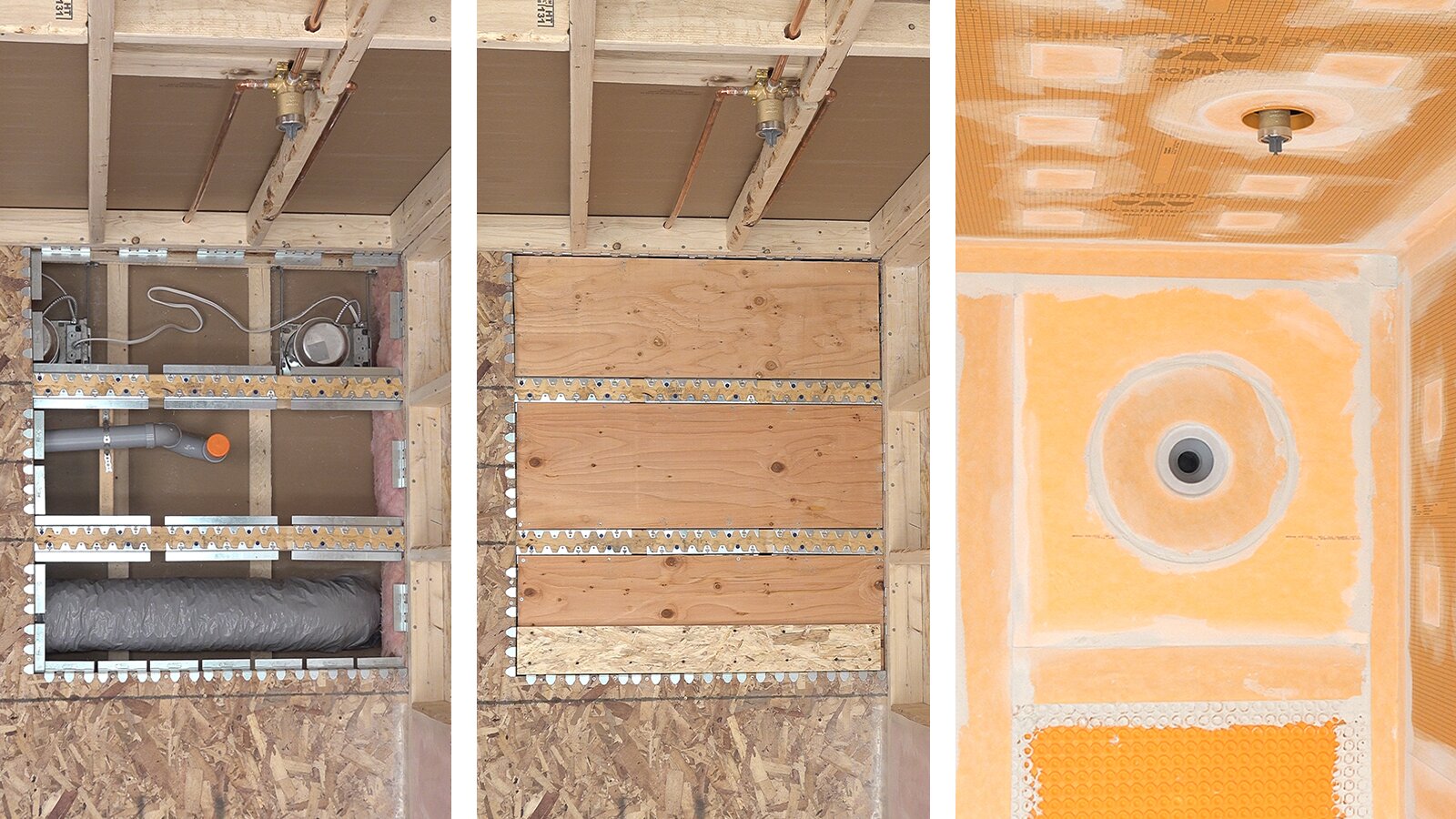Curbless shower floor recessed with Schluter Systems KERDI-SHOWER-FRS brackets, plywood installed, then waterproofing