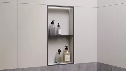 Beige, tiled shower wall with an illuminated KERDI-BOARD-NLT niche in vertical format