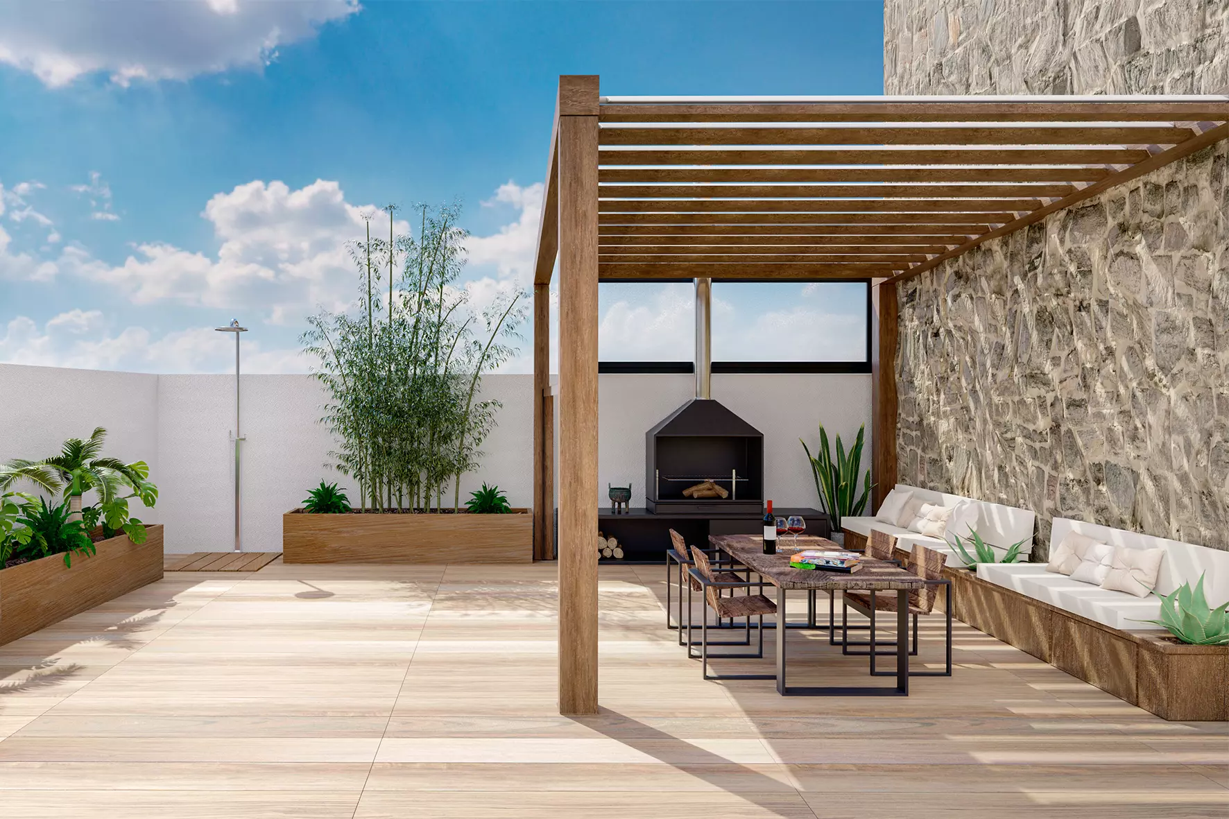 Takterrass med moderna loungem&ouml;bler och pergola i tr&auml;