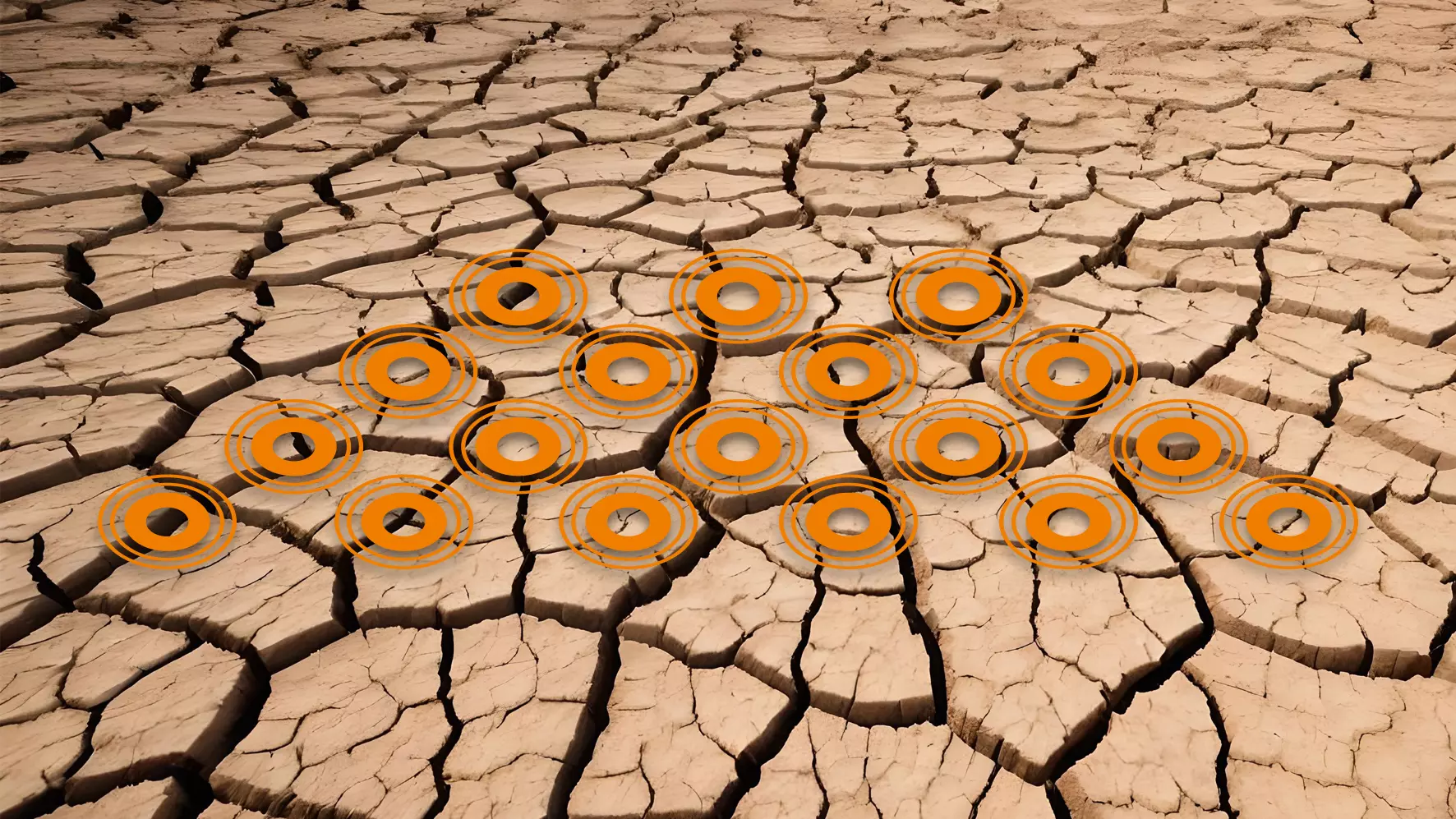 AI-gegenereerde afbeelding van een uitgedroogde vloer met veel scheuren, met oranje gekleurden noppenstructuren geretoucheerd, symbool van de werkwijze van dekvloernoppenplaten die krimpspanningen opvangen