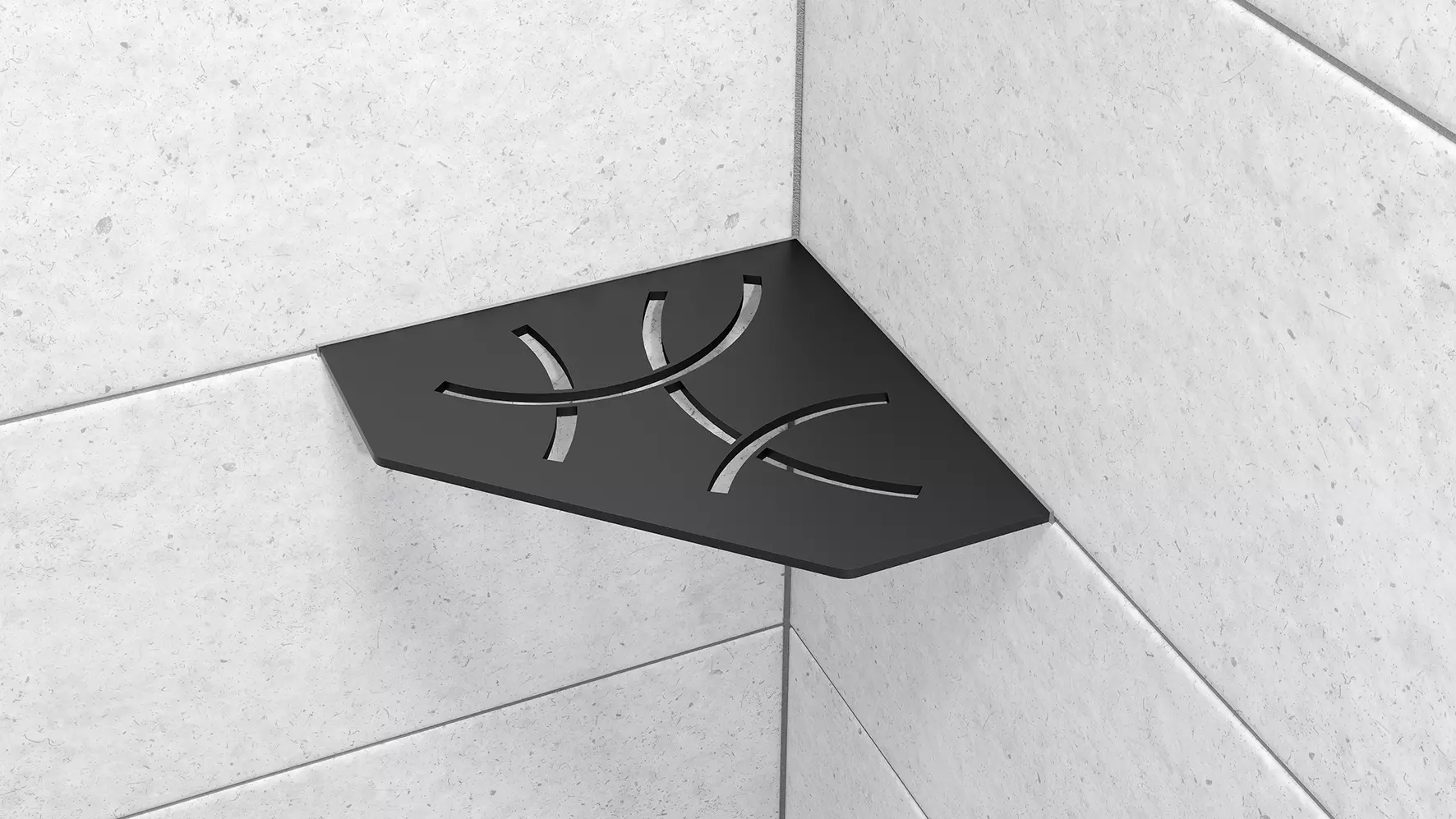 Vue d'une tablette d'angle Schl&uuml;ter-SHELF-E-S2 de forme pentagonale avec design CURVE et finition MGS, noir graphite mat, mise en œuvre sur un carrelage mural gris clair.