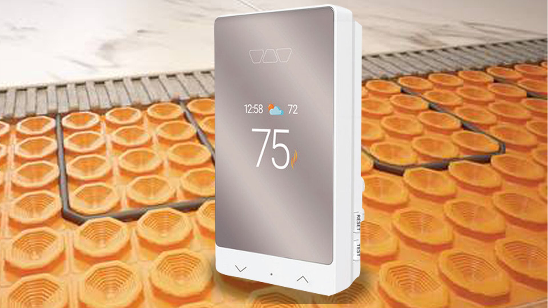 Wi-Fi enabled Schluter smart thermostat for electric floor warming system control.