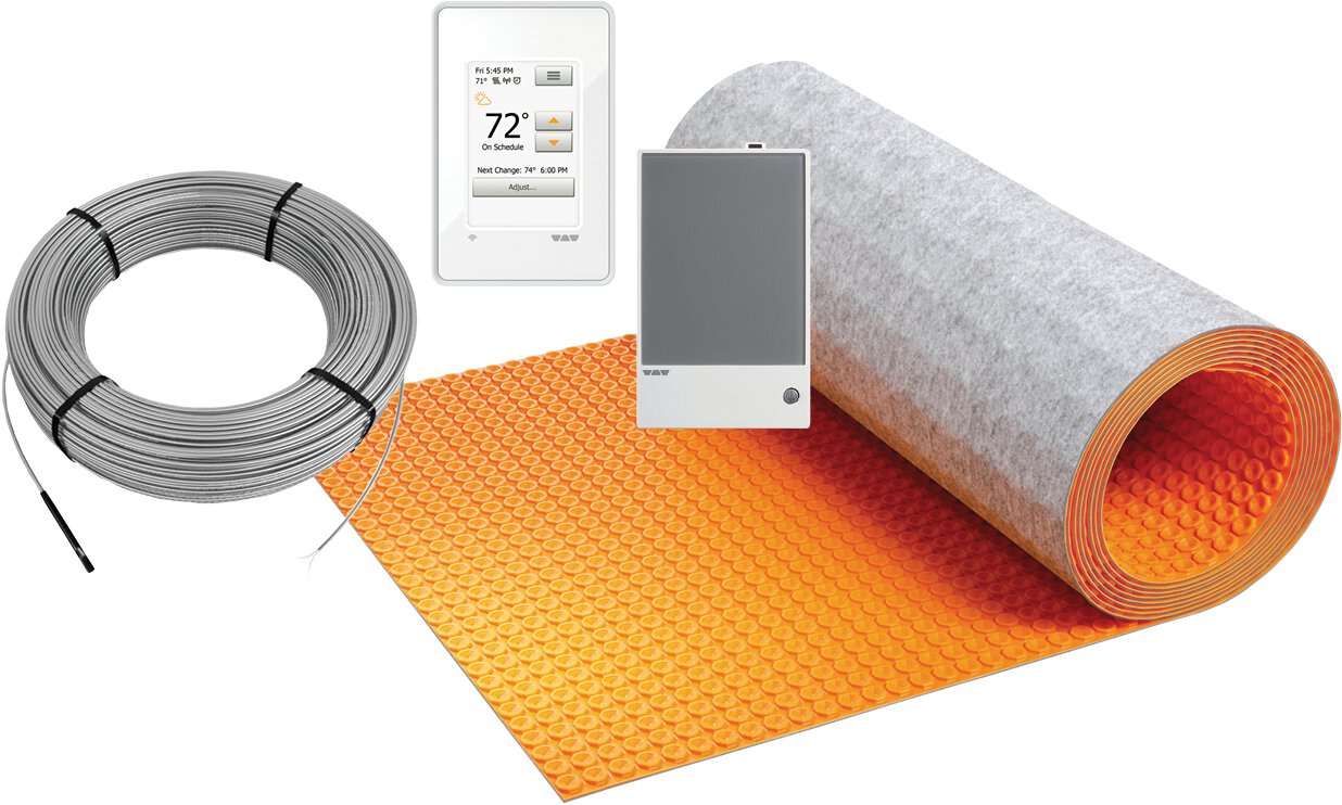Rouleau de membrane DITRA-HEAT-DUO, avec thermostats et câble chauffant.