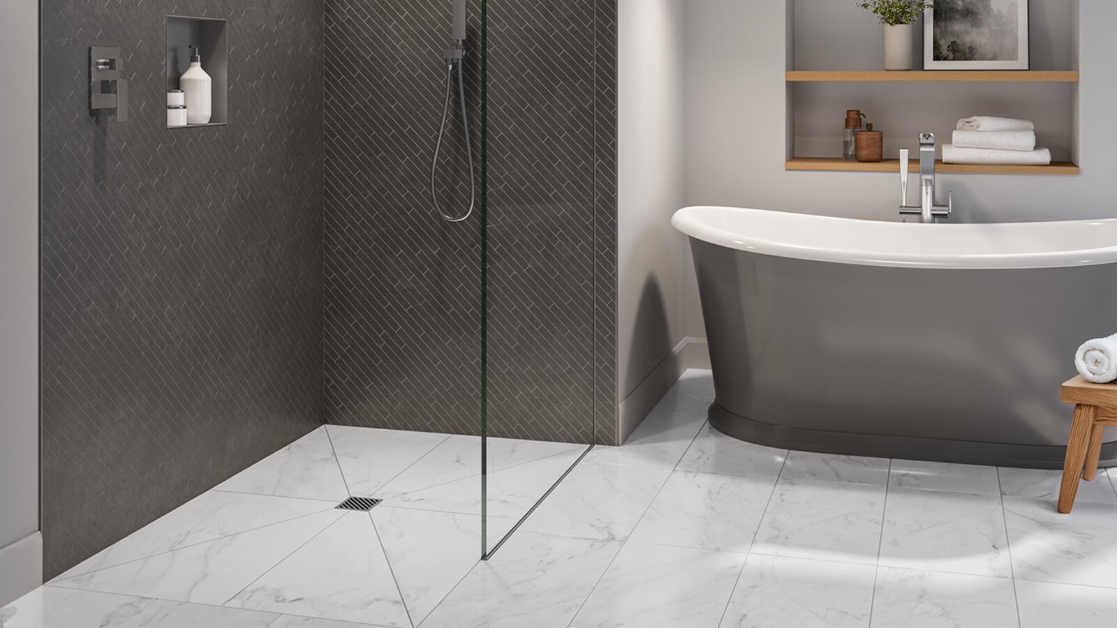 Curbless shower with a flush, barrier free entry and a Schluter Systems KERDI-DRAIN point drain