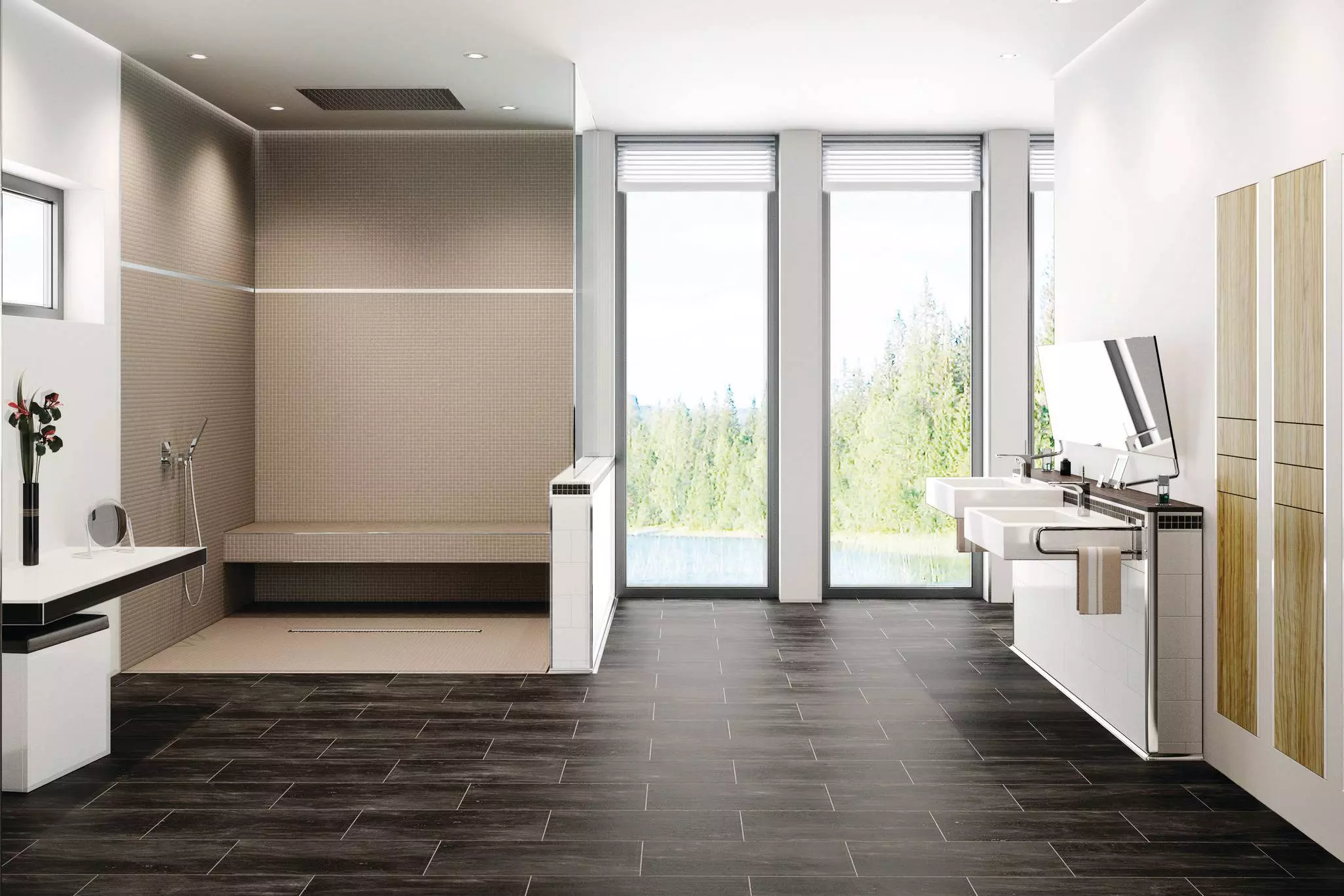 Salle de bains spacieuse avec carrelage au sol sombre, une douche &agrave; l'italienne et deux vasques.