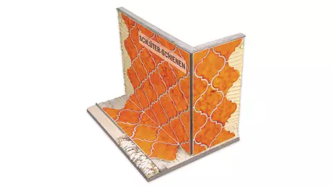 Modellbau einer Wandau&szlig;enecke in orangefarbenen Florentiner-Mosaikfliesen mit der Originalversion des Fliesenabschlussprofils Schl&uuml;ter-SCHIENE von 1975