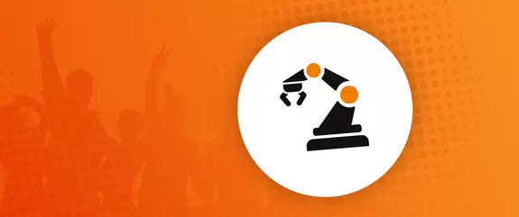 Grafik eines Greifarms auf orangefarbenem Grund 