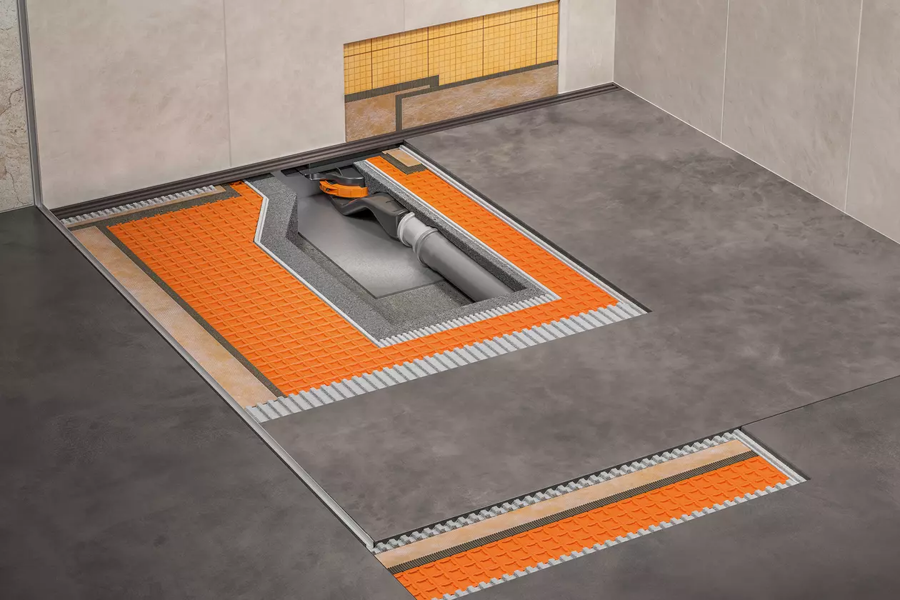 Schl&uuml;ter-Systems Kerdi-Line-Vario-avloppsteknik med stor klinkerplatta