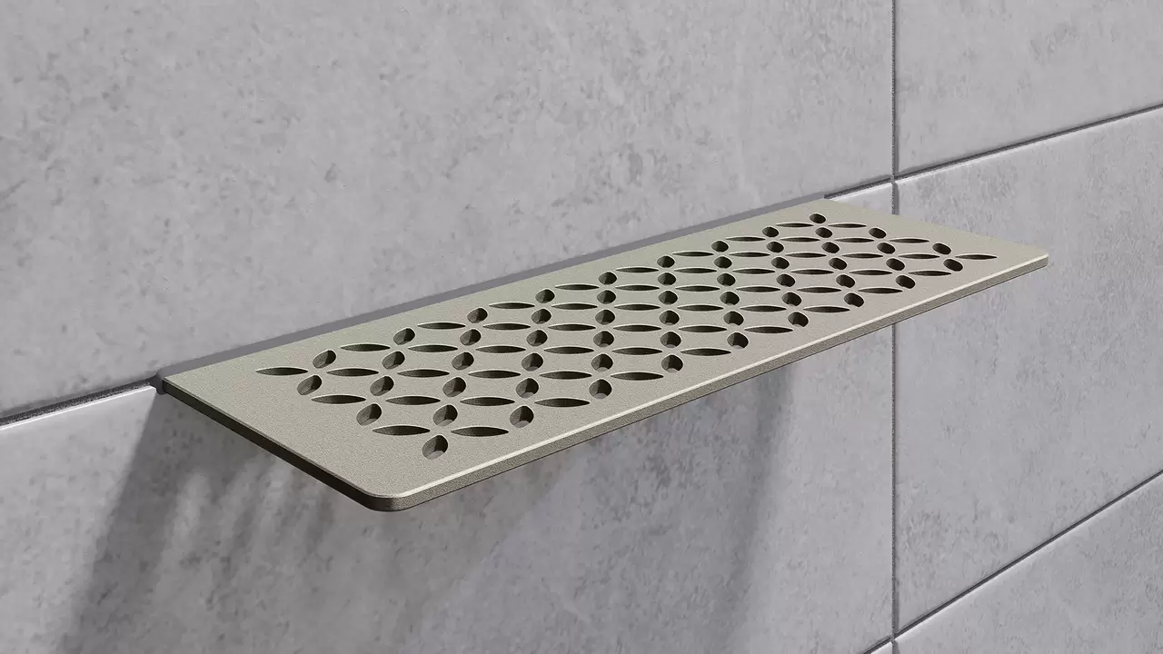 Schl&uuml;ter-SHELF de couleur TSSG gris pierre est une tablette murale d&eacute;corative en finition structur&eacute;e pour carreaux et pierre naturelle