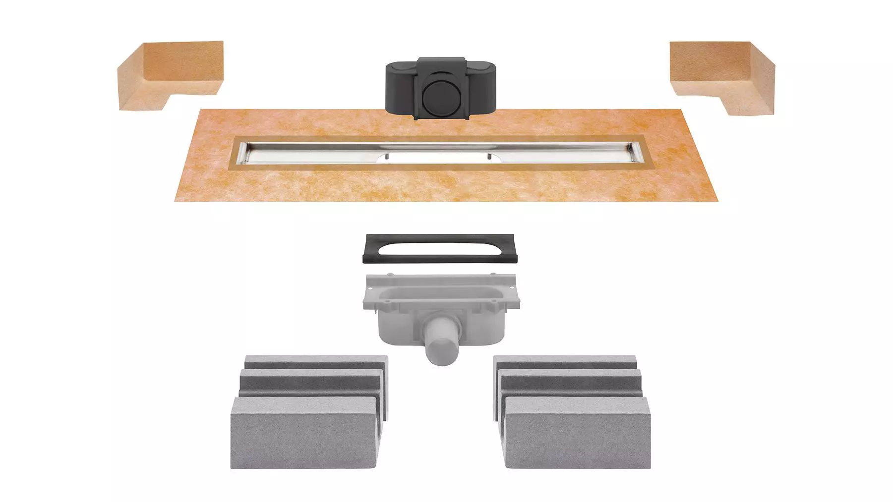 KERDI-LINE-G3 (centre outlet) set components including KERDI waterproofing, water trap/seal, drain body, polystyrene channel support and drainage channel