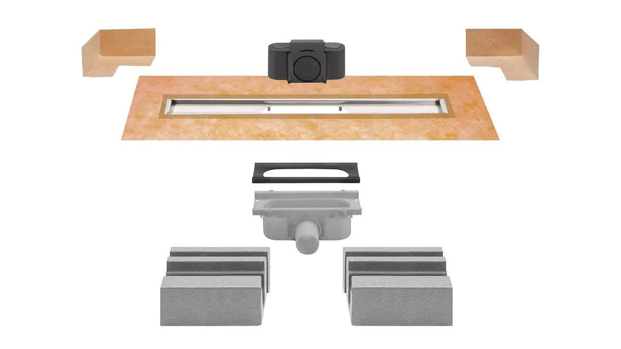 KERDI-LINE-G3 (centre outlet) set components including KERDI waterproofing, water trap/seal, drain body, polystyrene channel support and drainage channel