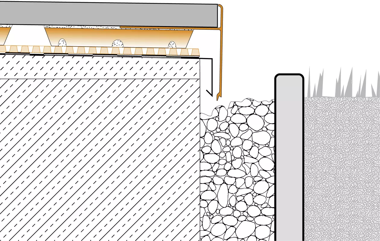 Schl&uuml;ter-Systems section drawing of edge detail 2 for terrace assembly B.7 Covering assembly with TROBA-STELZ mortar rings