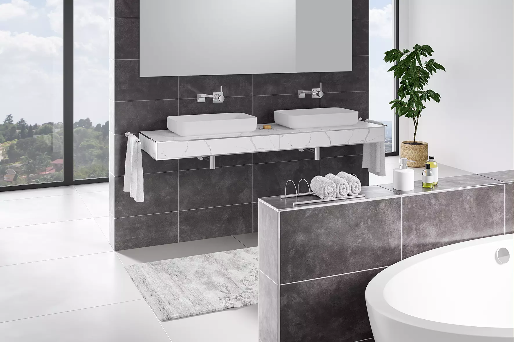 Vista del perfil de remate para esquinas exteriores de paredes Schl&uuml;ter-JOLLY en un moderno cuarto de ba&ntilde;o de color gris.