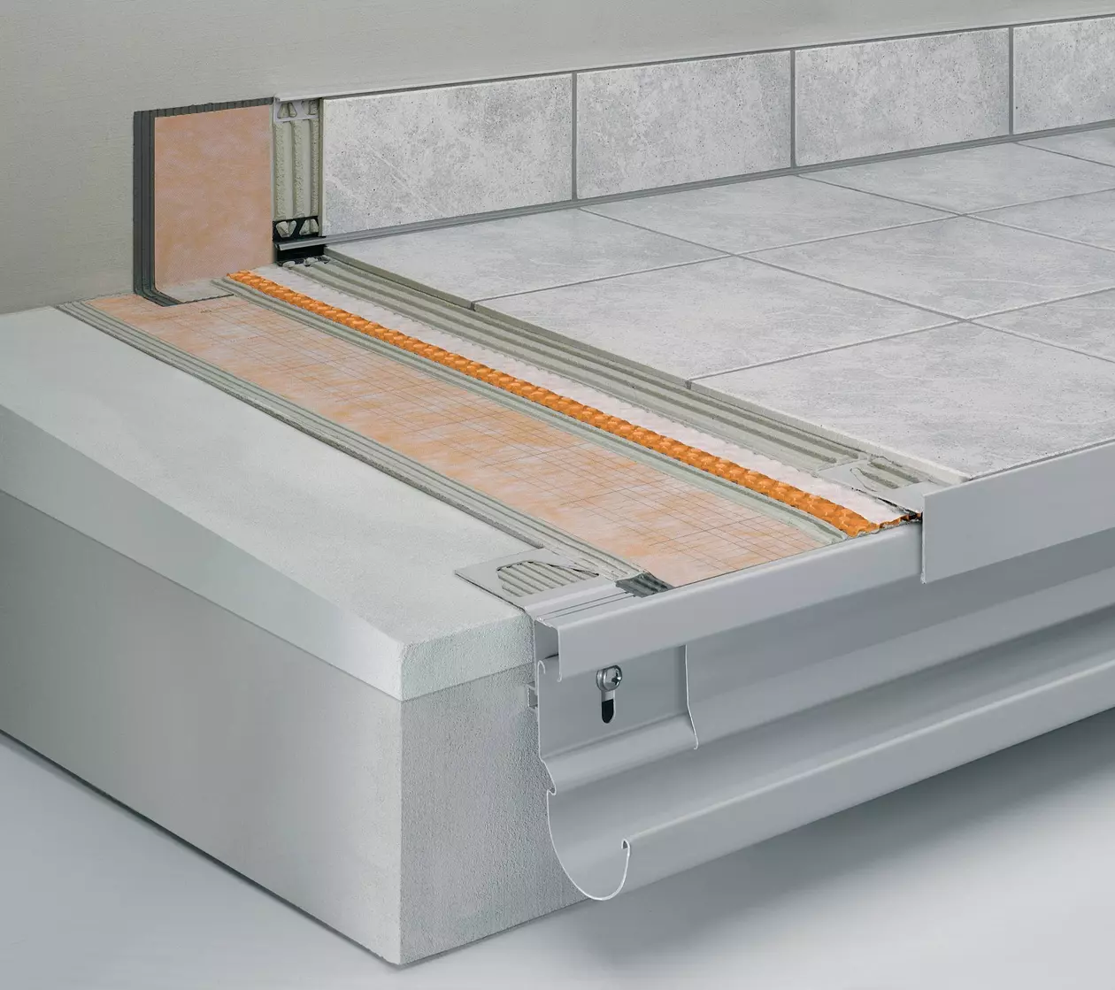 Schl&uuml;ter-Systems balcony assembly A.2 with Schl&uuml;ter-DITRA-DRAIN for bonded drainage and bonded uncoupling over Schl&uuml;ter-KERDI bonded waterproofing