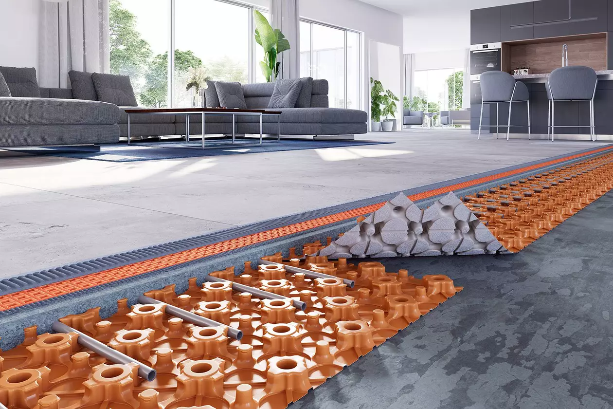 Schl&uuml;ter-BEKOTEC-THERM-konstruktion under kaklat golv i bostadsrum
