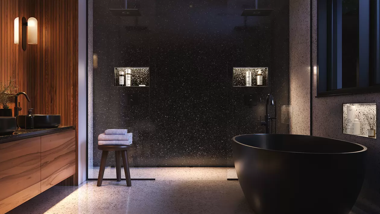 Ein abendliches Badezimmer mit freistehener Wanne, begehbarer Dusche und warm beleuchteten Nischen