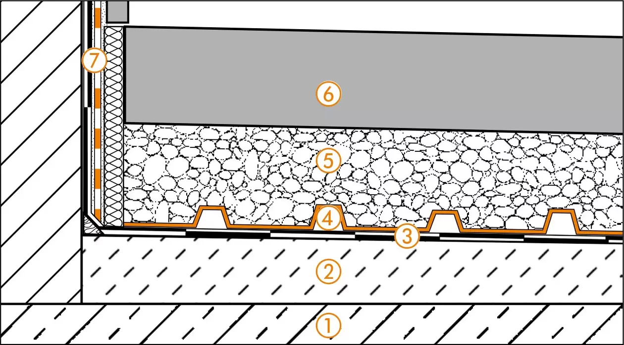 Schl&uuml;ter-Systems section drawing of the wall connection detail for balcony assembly A.8 Unbonded installation over TROBA in gravel or crushed stone
