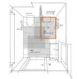 Plan d'une salle de bains &agrave; accessibilit&eacute; r&eacute;duite avec surfaces de mouvement superpos&eacute;es