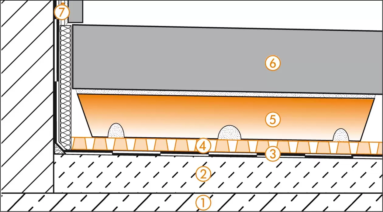 Schl&uuml;ter-Systems section drawing of the wall connection detail for balcony assembly A.7 Covering assembly with TROBA-STELZ mortar rings