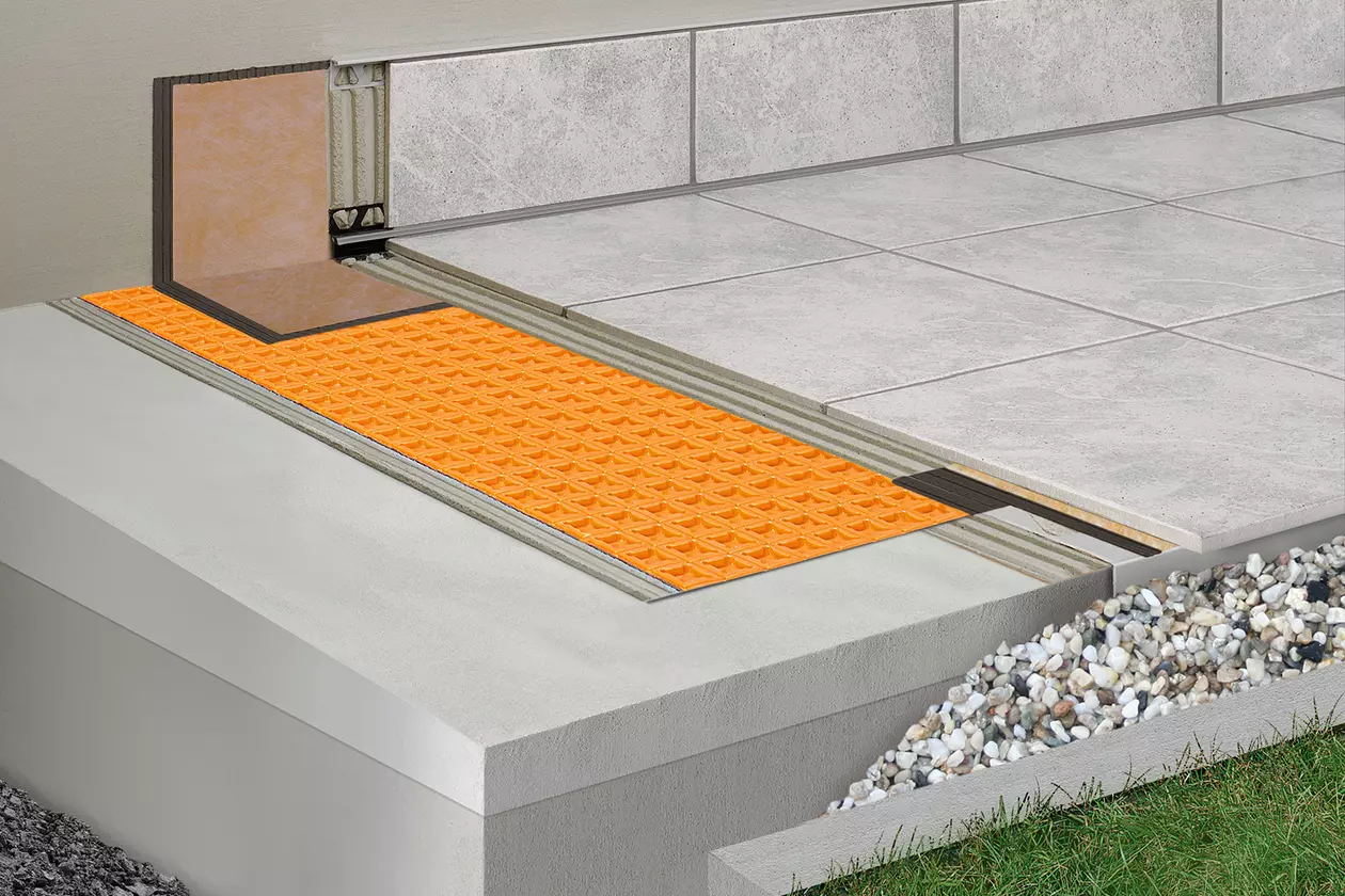 Schl&uuml;ter-Systems terrace assembly B.1 Covering assembly with DITRA for bonded waterproofing, bonded uncoupling and vapour pressure equalisation