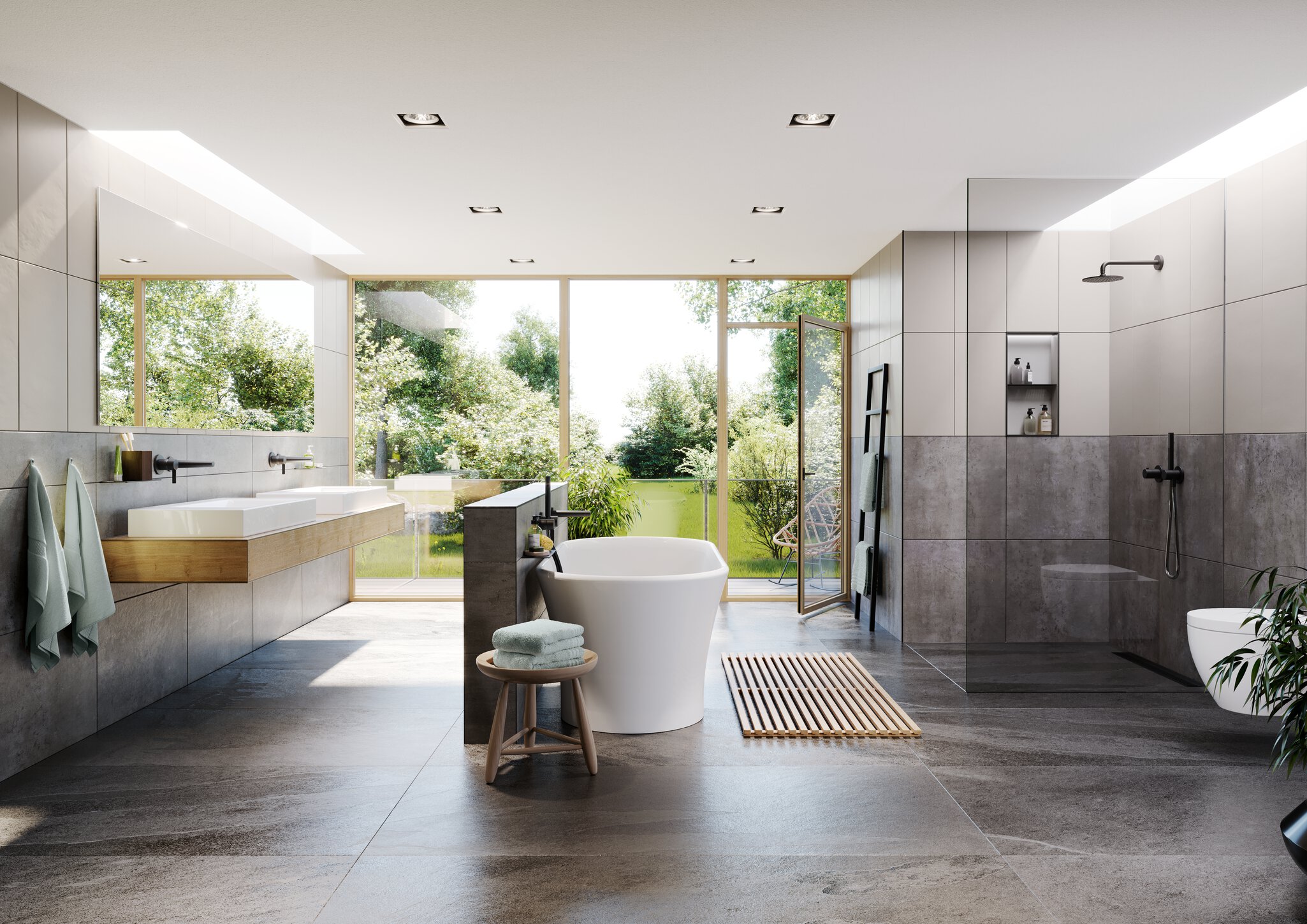 Grande salle de bain de céramique lumineuse avec bain autoportant, douche sans seuil et double vanité, porte donnant sur la cour