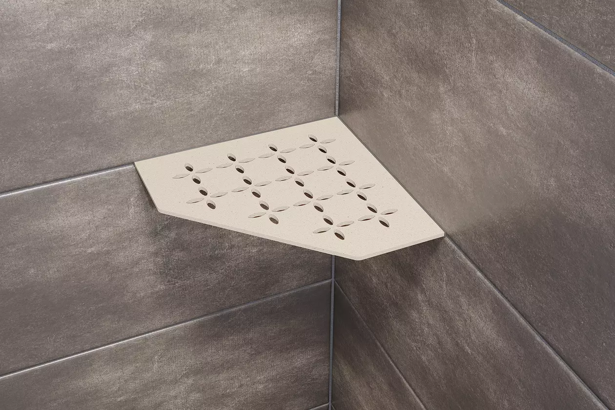Schl&uuml;ter-SHELF-E-S2 est une tablette d’angle pour montage ult&eacute;rieur en forme de carr&eacute; avec un pan coup&eacute;