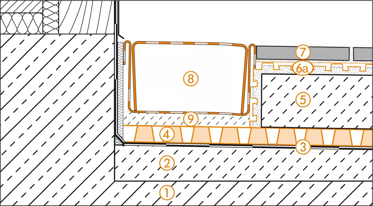 Schl&uuml;ter-Systems section drawing of the door transition for balcony assembly A.5 Covering assemblies over waterproofing layers according to DIN 18195