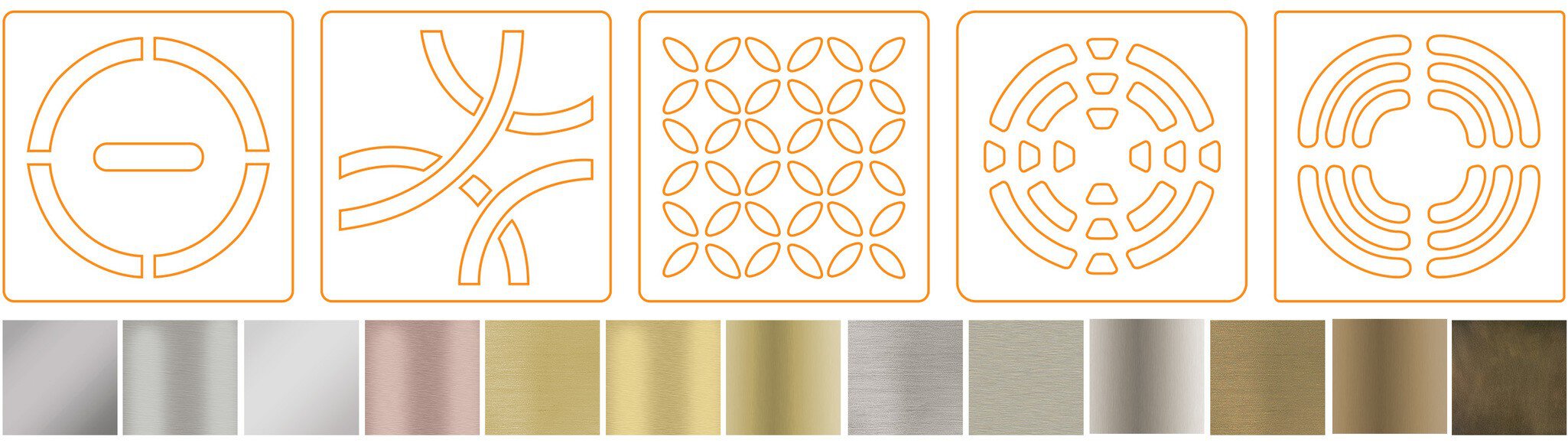 Une présentation de différentes finitions métalliques, y compris argent, or et bronze, mises en valeur sous des dessins de grilles de drain carrées.