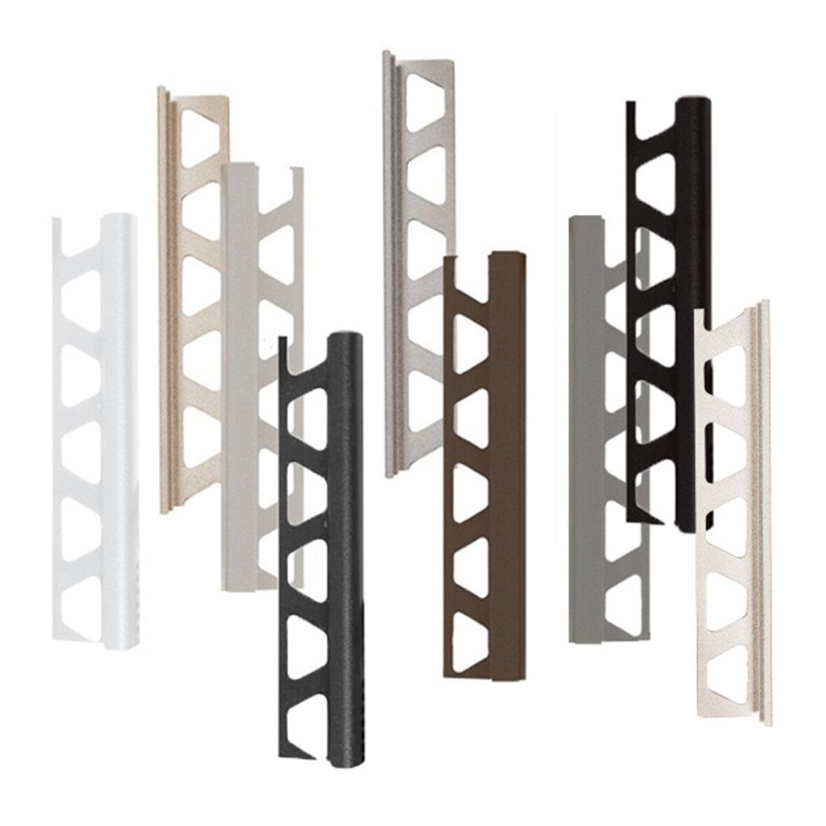 Profils avec différentes finitions colorées présentés sur un fond blanc.