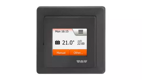 DITRA-HEAT-E-Temperaturregler mit 2"-Touchdisplay in Dunkelanthrazit.