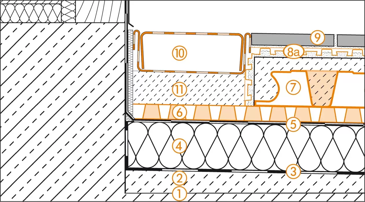 Schl&uuml;ter-Systems Schnittzeichnung des T&uuml;ranschlusses f&uuml;r Dachterrassenaufbau C.3 D&uuml;nnschichtige Belagskonstruktion &uuml;ber Abdichtung