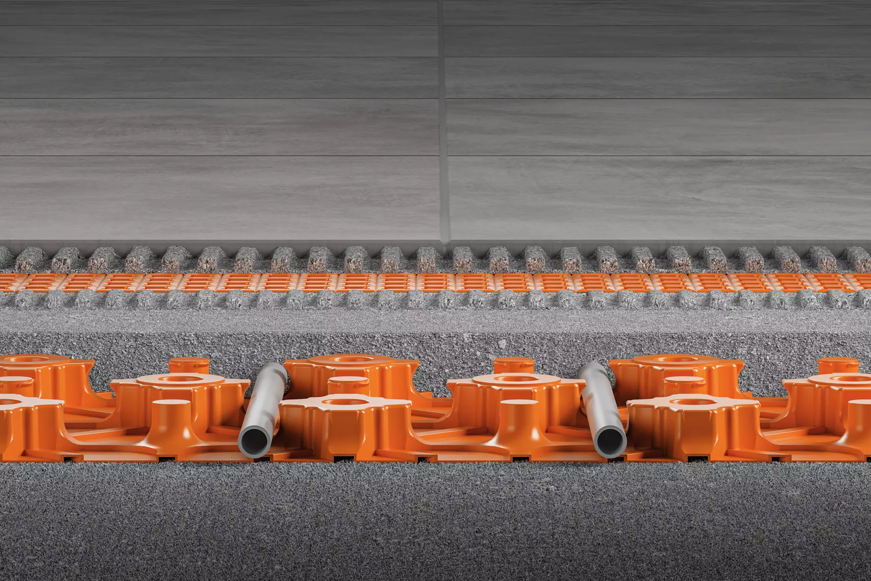 Laagopbouw van de Schl&uuml;ter-BEKOTEC-EN-F-dekvloernoppenplaat met steengrijze, keramische bedekking