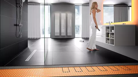 Bodenkonstruktion im Badezimmer mit detaillierter Ansicht des elektrischen Heizsystems Schl&uuml;ter-DITRA-HEAT