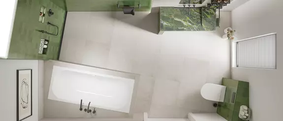 Vue a&eacute;rienne d' une salle de bains accessible avec douche &agrave; l’italienne, lavabo et toilette adapt&eacute;s aux chaises roulantes