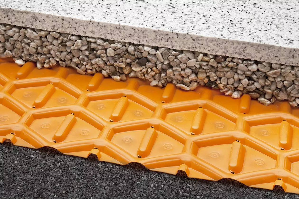 Schl&uuml;ter-Systems Dachterrassenaufbau C.8 Lose Verlegung auf TROBA in Kies oder Splitt