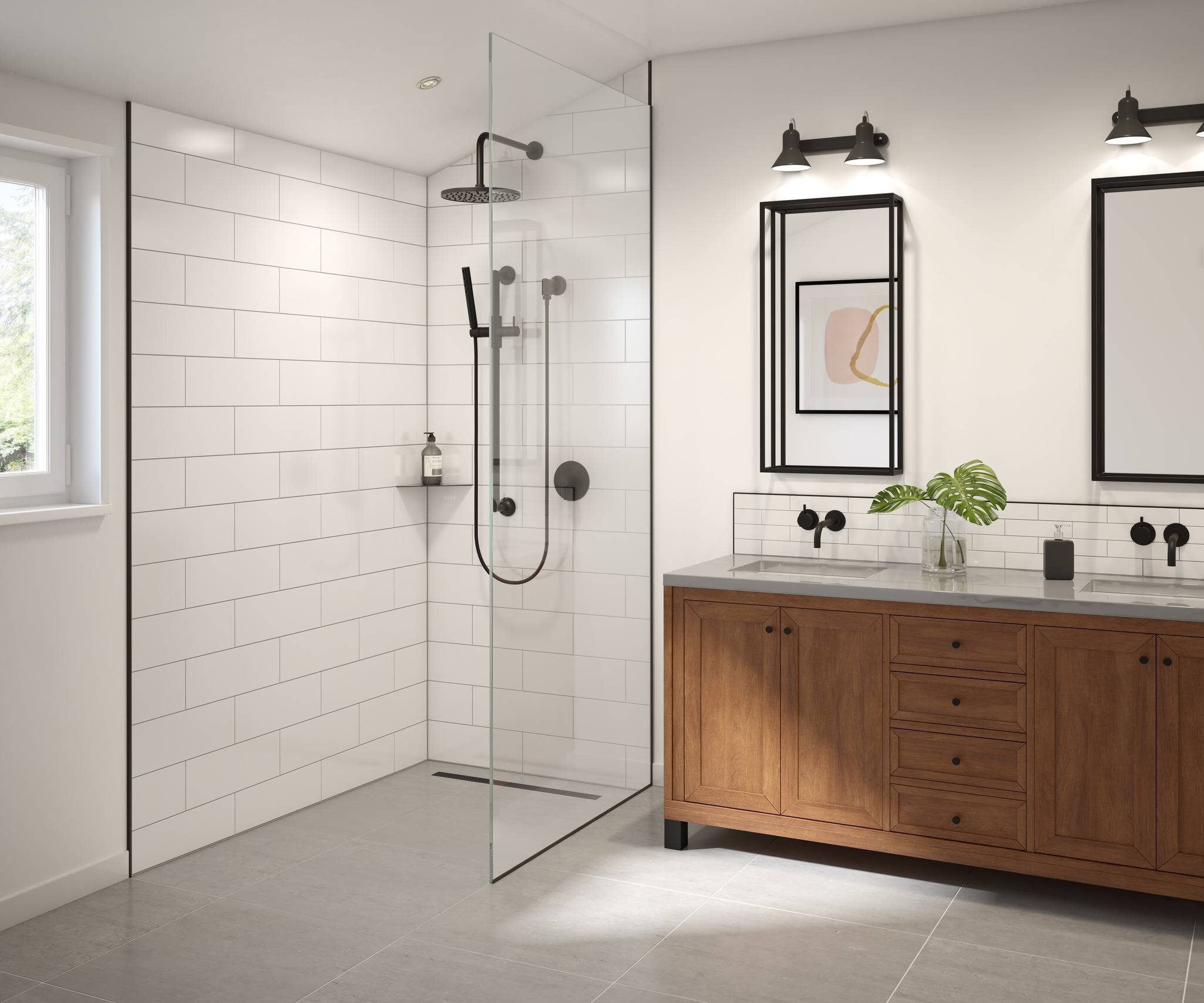 Salle de bain moderne avec douche sans seuil, meuble-lavabo en bois, grille de drain et robinetterie noires