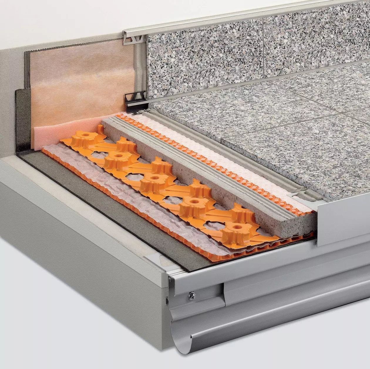 Schl&uuml;ter-Systems balcony assembly A.3 Thin covering assembly over DITRA-DRAIN waterproofing for bonded drainage and bonded uncoupling over BEKOTEC-DRAIN screed on TROBA-PLUS drainage membrane