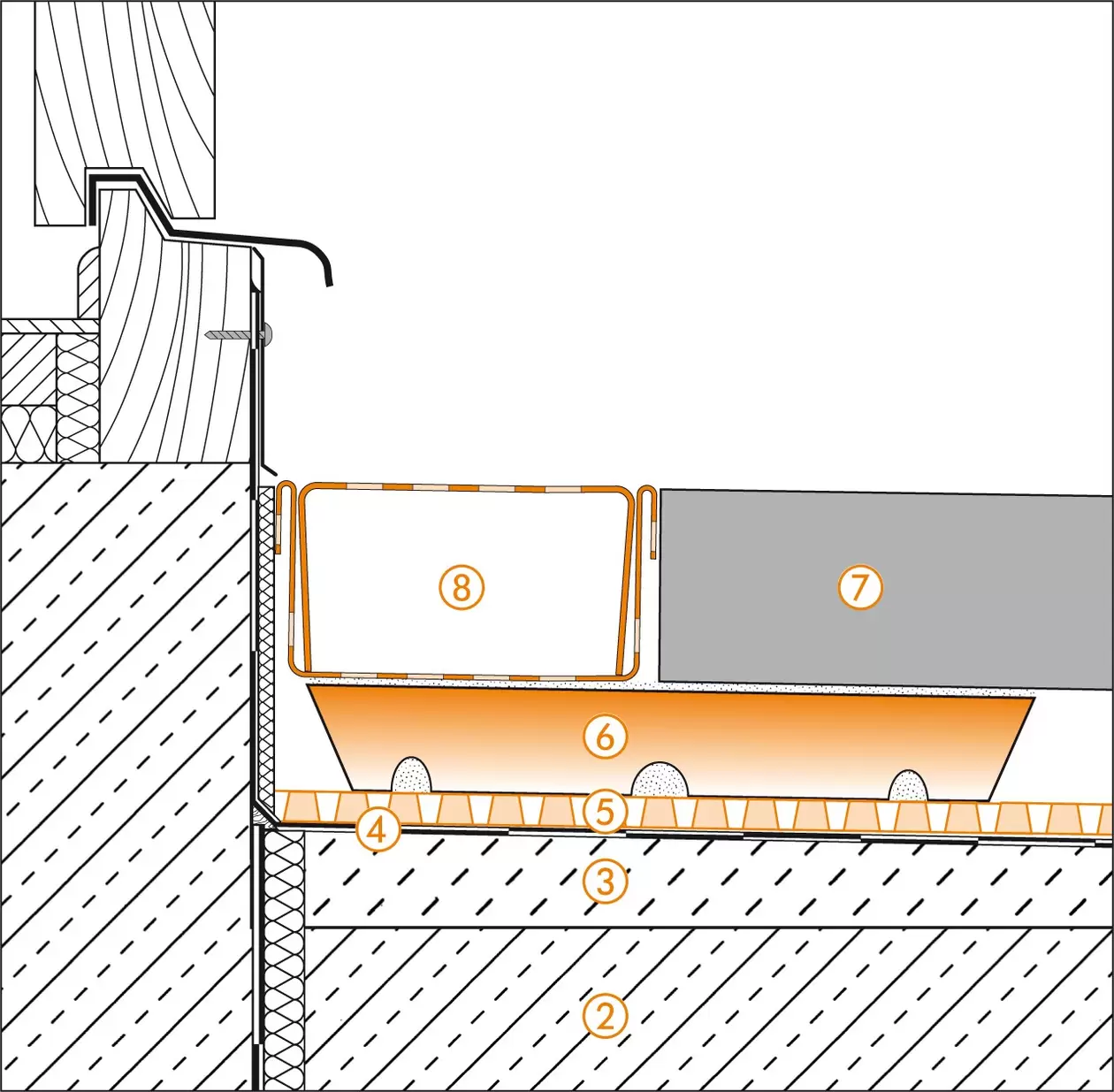 Schl&uuml;ter-Systems section drawing of the door transition for terrace assembly B.7 Covering assembly with TROBA-STELZ mortar rings