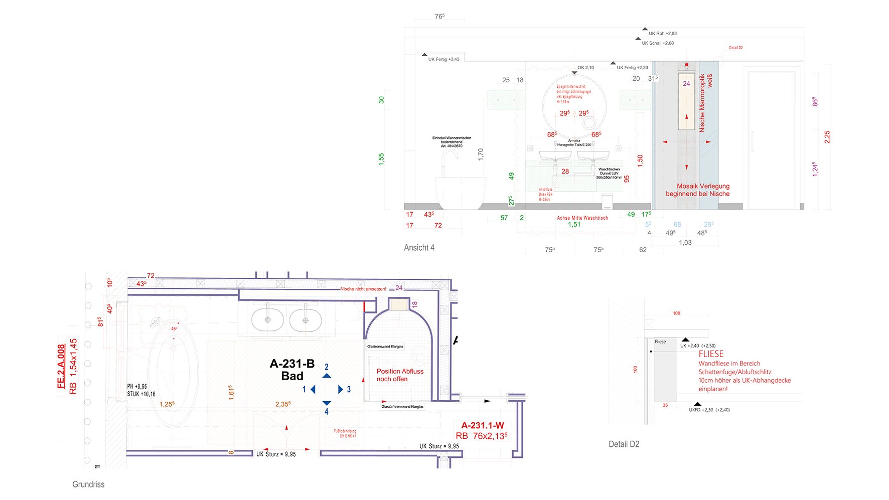 Planungsskizze eines Bades unter Ber&uuml;cksichtigung der komplizierten Raumgeometrie im Altbau der  Steigenberger Icon Hotel Baden-Baden