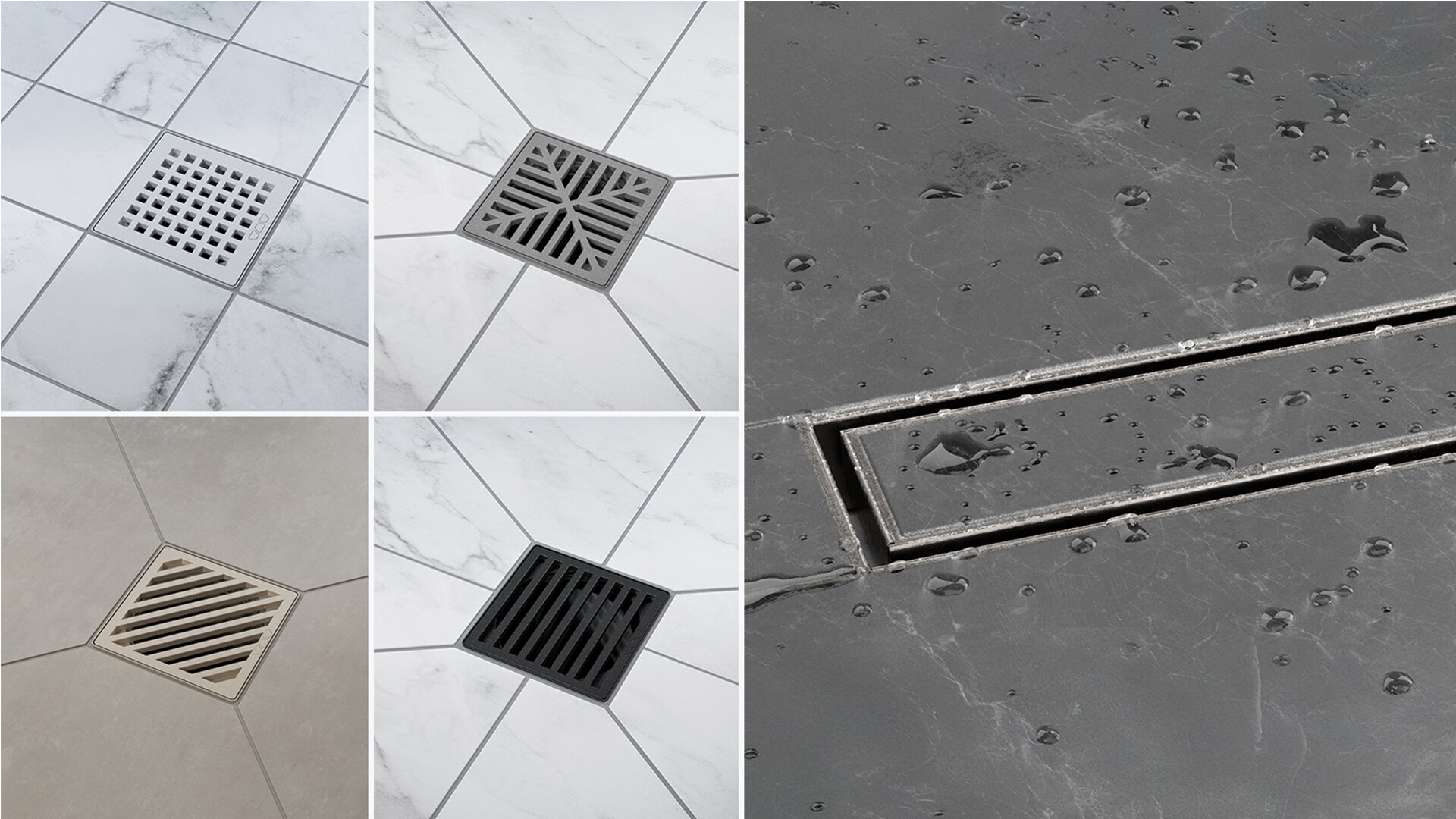 Commercial linear and square drain grate finishes for tiled shower