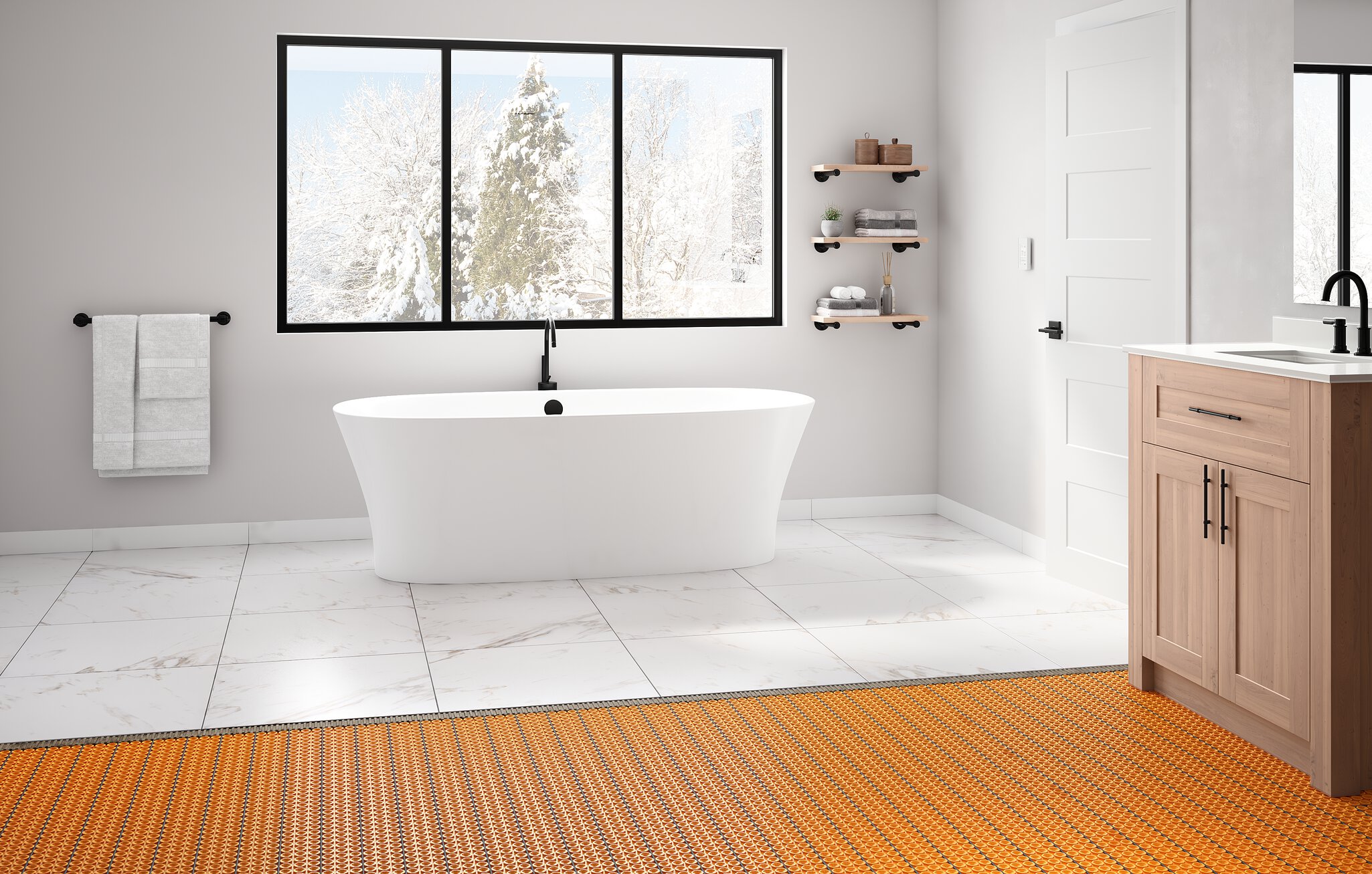 Grande salle de bain lumineuse blanche avec la membrane Schluter-Ditra-Heat installée sous la céramique