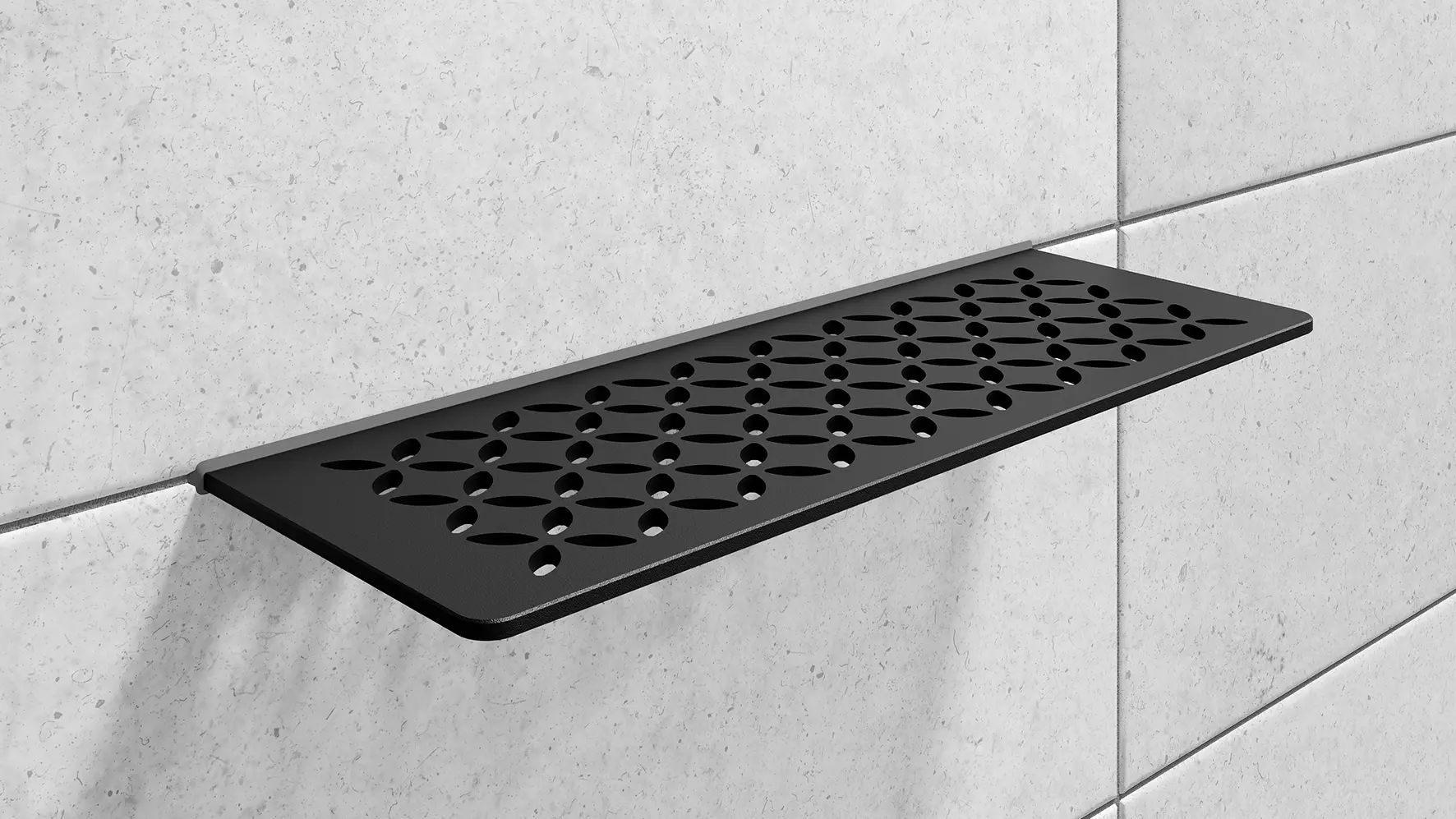 Schl&uuml;ter-SHELF en acabado negro mate MGS es un estante de pared decorativo para baldosas de cer&aacute;mica y piedra natural.