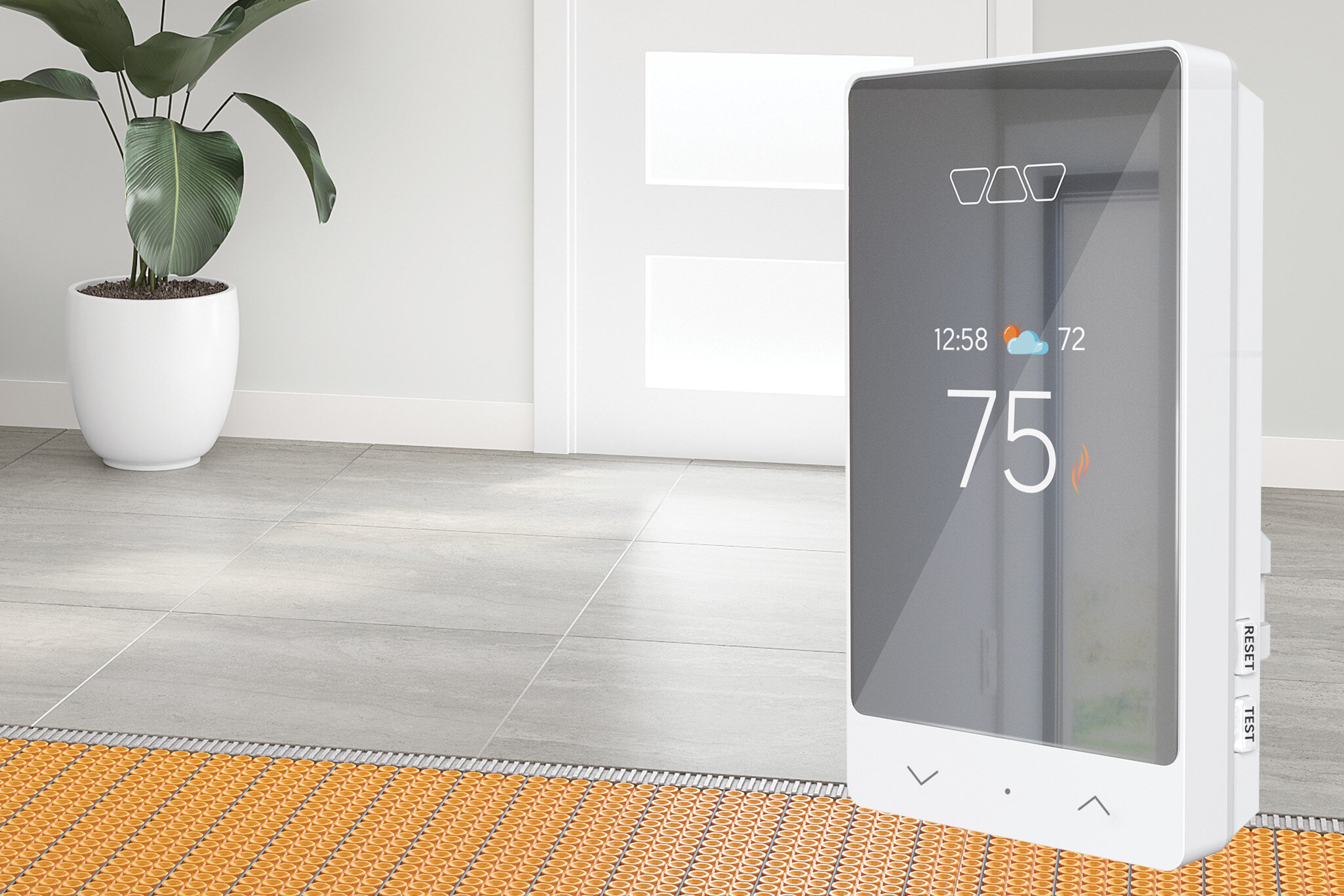 Thermostat intelligent dans une pièce avec une membrane Ditra-Heat et une plante verte