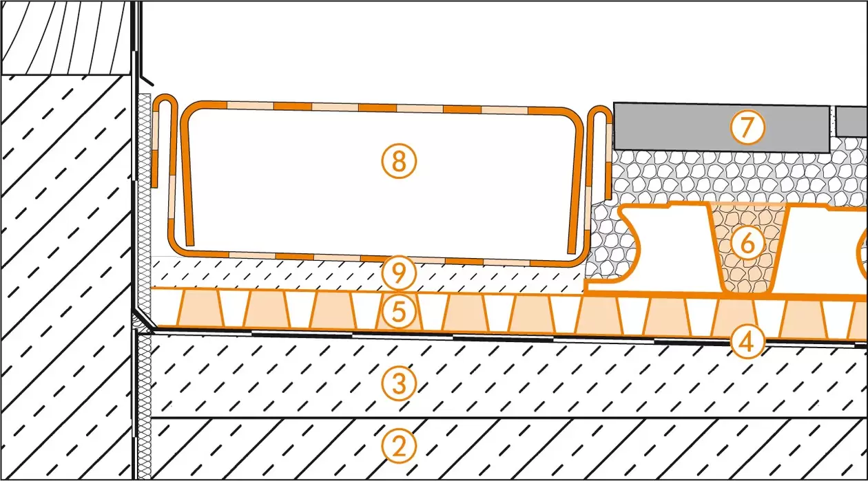 Schl&uuml;ter-Systems section drawing of the door transition for terrace assembly B.4 Thin covering assembly in mortar bed over waterproofing layer with BEKOTEC-DRAIN and mortar bed installation on area drainage with TROBA-PLUS 8G