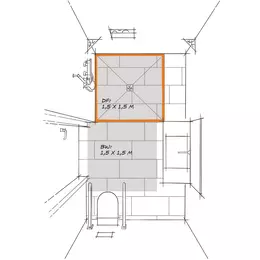 Plan d'une salle de bains accessible aux chaises roulantes avec surfaces de mouvement de 1,5 m x 1,5 m