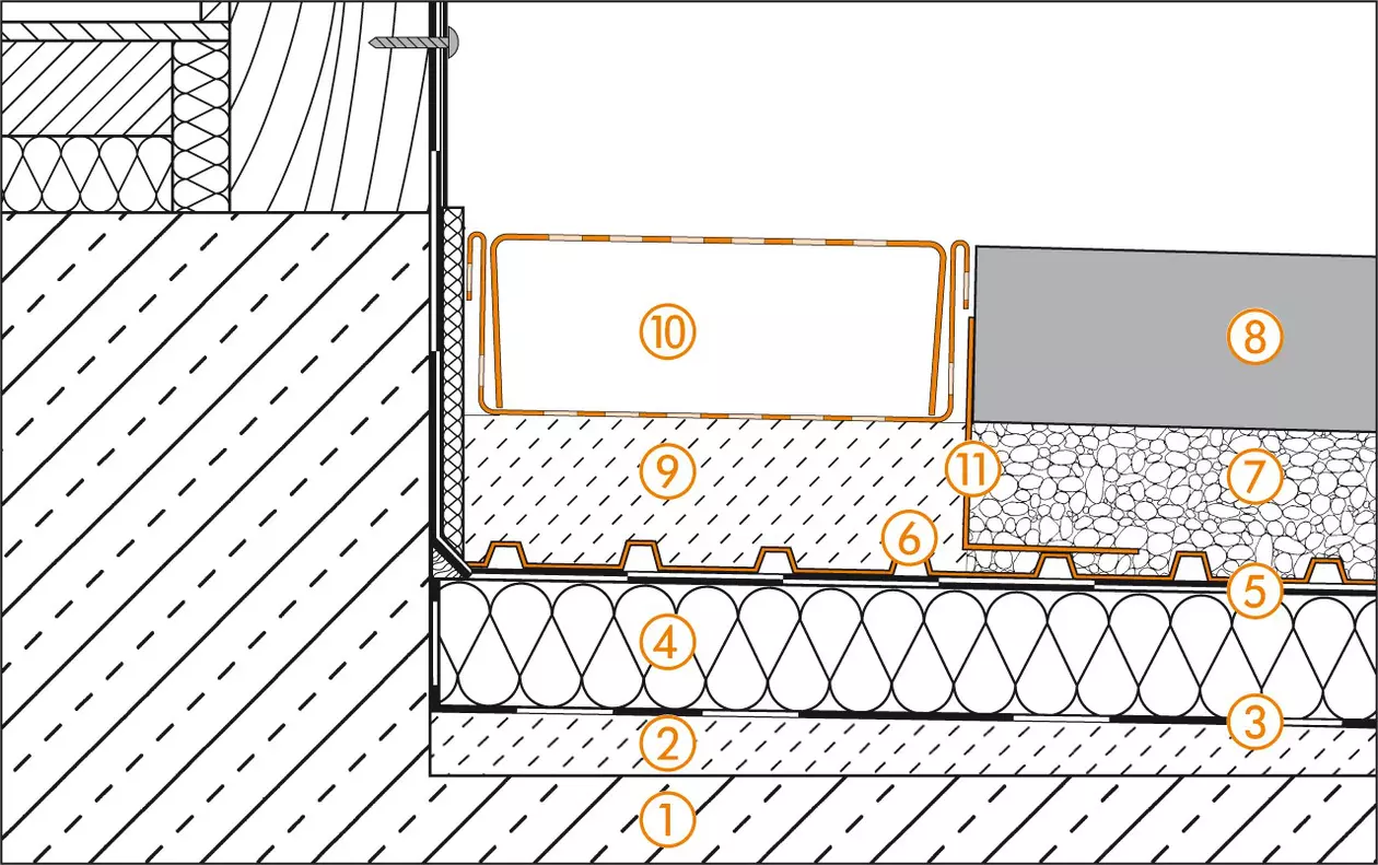 Schl&uuml;ter-Systems Schnittzeichnung des T&uuml;ranschlusses f&uuml;r Dachterrassenaufbau C.8 Lose Verlegung auf TROBA in Kies oder Splitt
